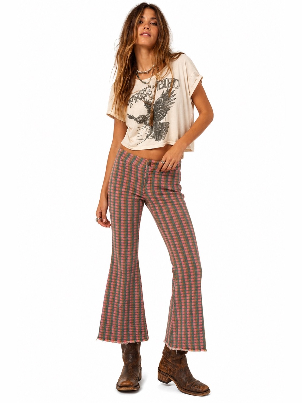 Free People We The Free Plaid Cropped Flare Jeans Pink Green SZ 27 Retro Preppy